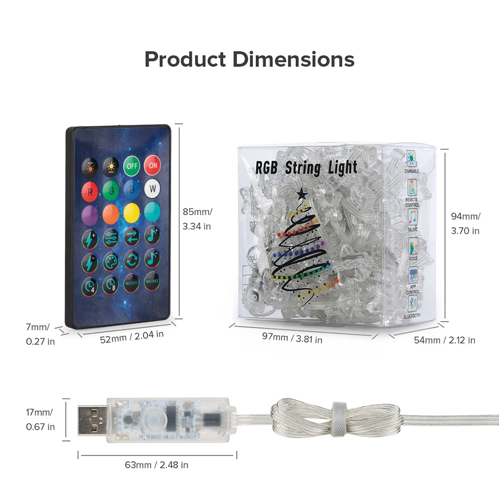 USB Christmas Lights String WS2812B RGB Dream Color Birthday Decoration Party Star Strawberry Lights Room USB App Remote Light