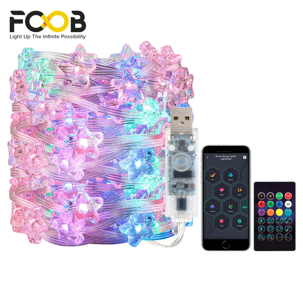 USB Christmas Lights String WS2812B RGB Dream Color Birthday Decoration Party Star Strawberry Lights Room USB App Remote Light